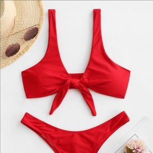 red tie front bikini top